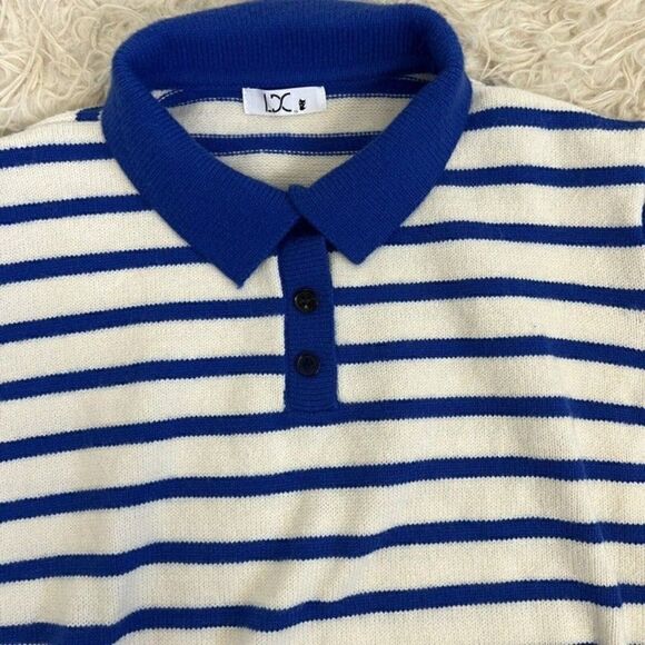 Womens Vintage 70s Acrylic Women Henley Sweater Large White Blue Striped Medium - Picture 10 of 11